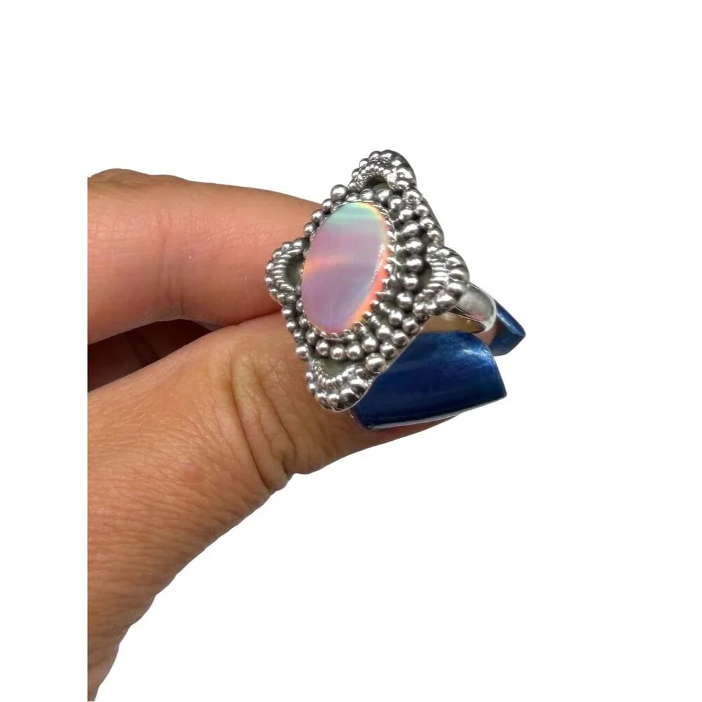 Aurora Fire Opal Ring Size 7 Solid 925 Sterling Silver Pink Aura Stone